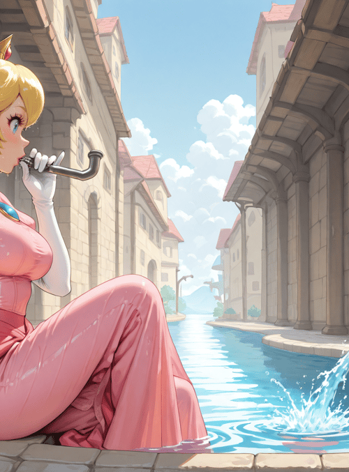 princess, queen, pipe, water, street, building, city, stone, crown, gloves