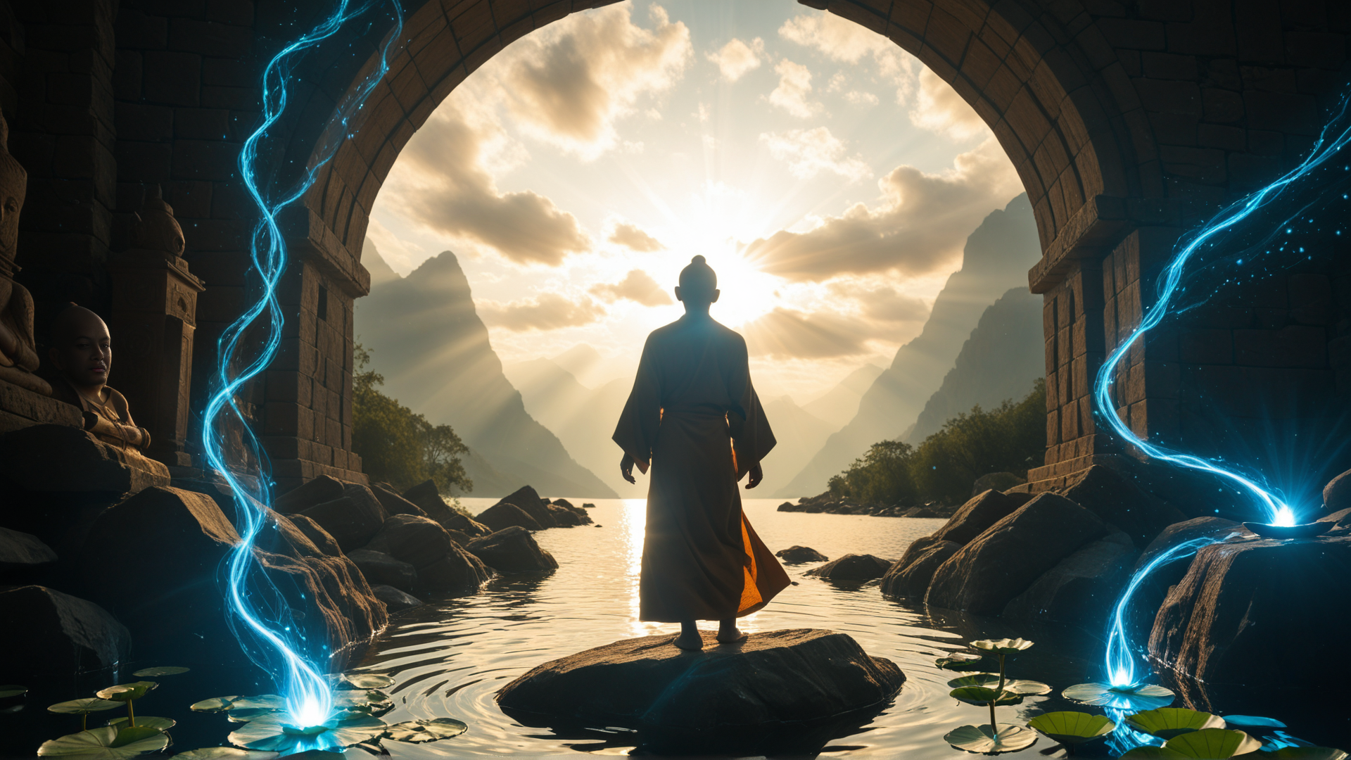 AI generated wallpaper featuring monk, arch, mountains