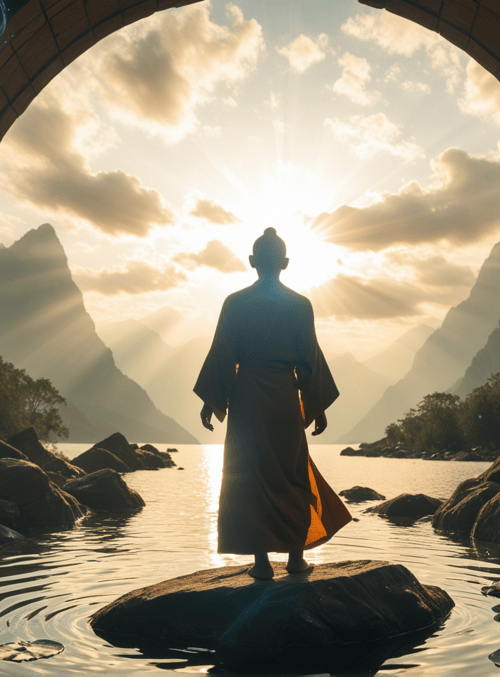 monk, arch, mountains