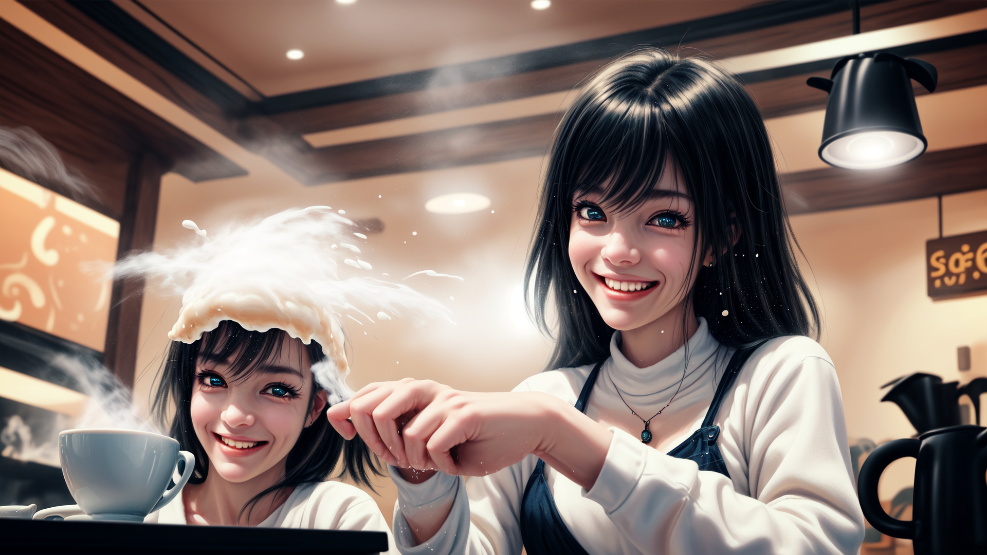 AI generated wallpaper featuring girl, coffee, milk, apron, cup