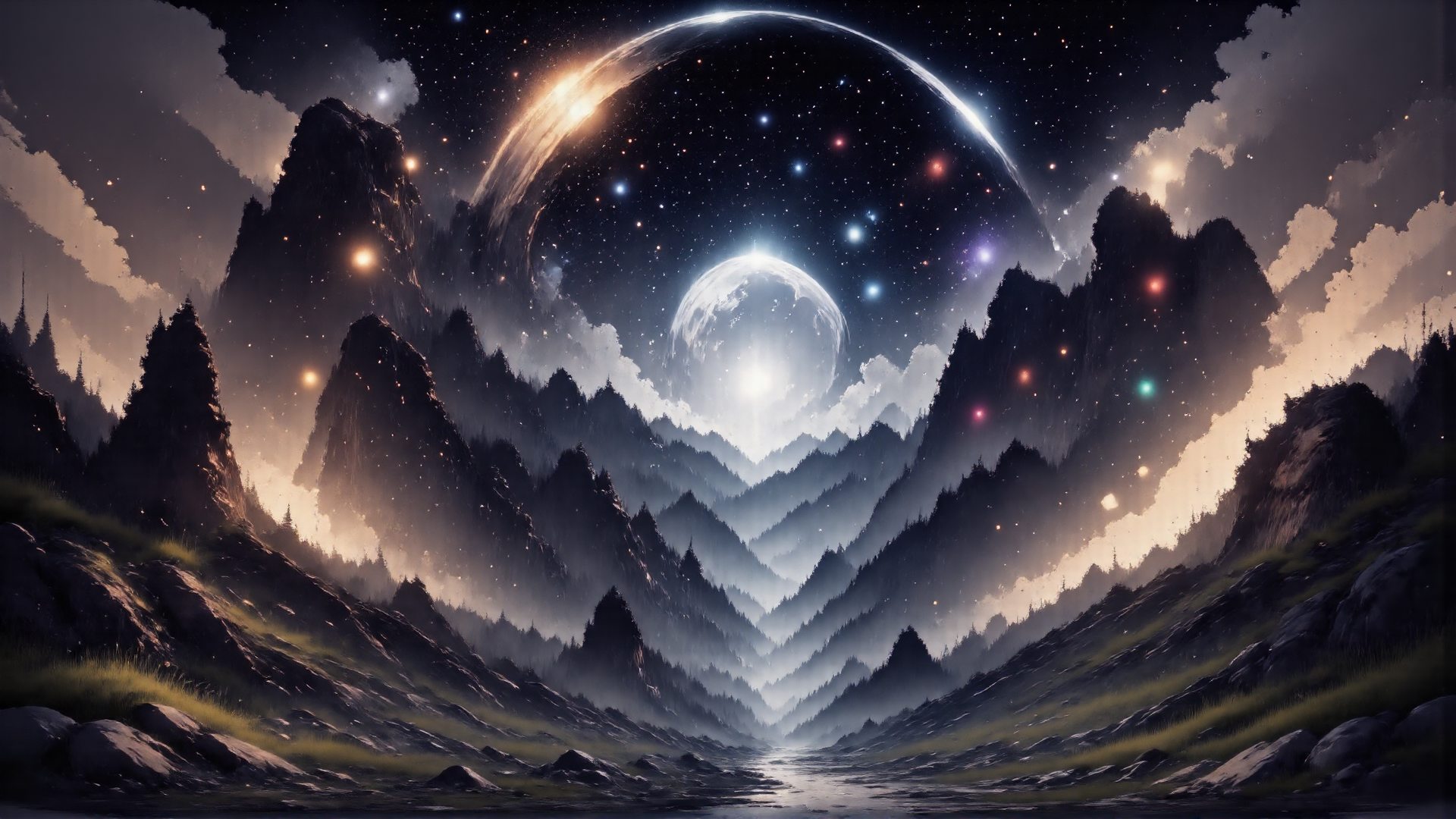 AI generated wallpaper featuring mountains, stars, moon, planet, clouds, river, trees