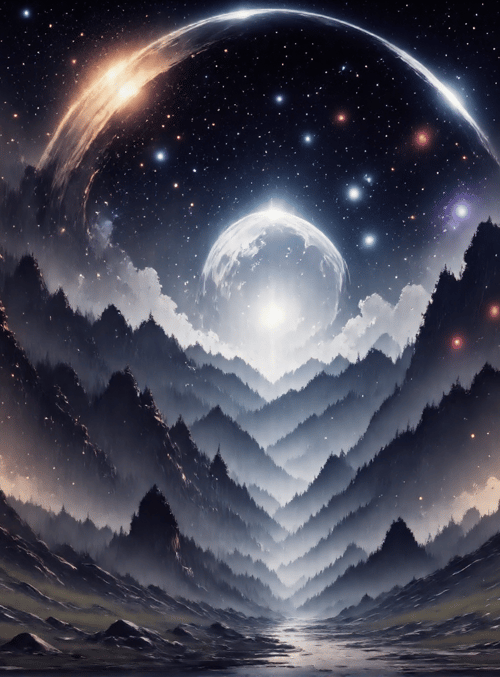 mountains, stars, moon, planet, clouds, river, trees