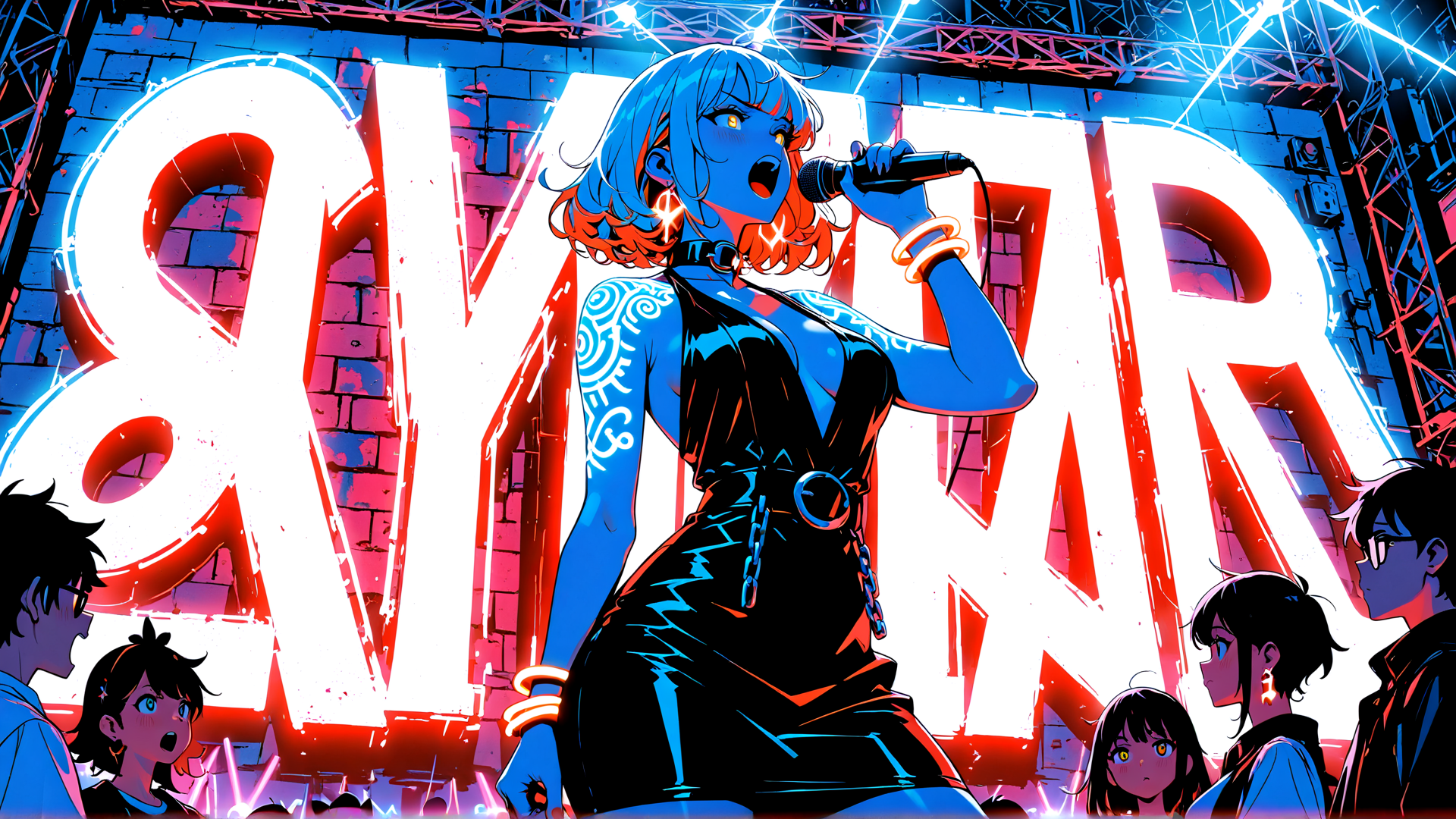 AI generated wallpaper featuring singer, audience, stage, microphone, neon sign, tattoo, dress, bracelet, lighting, crowd