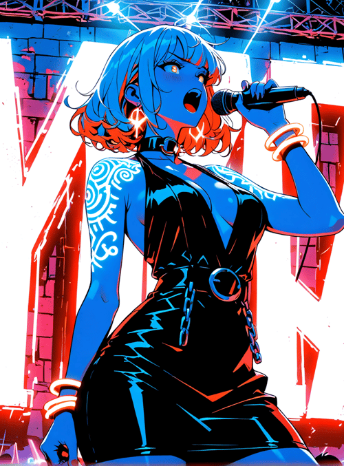 singer, audience, stage, microphone, neon sign, tattoo, dress, bracelet, lighting, crowd