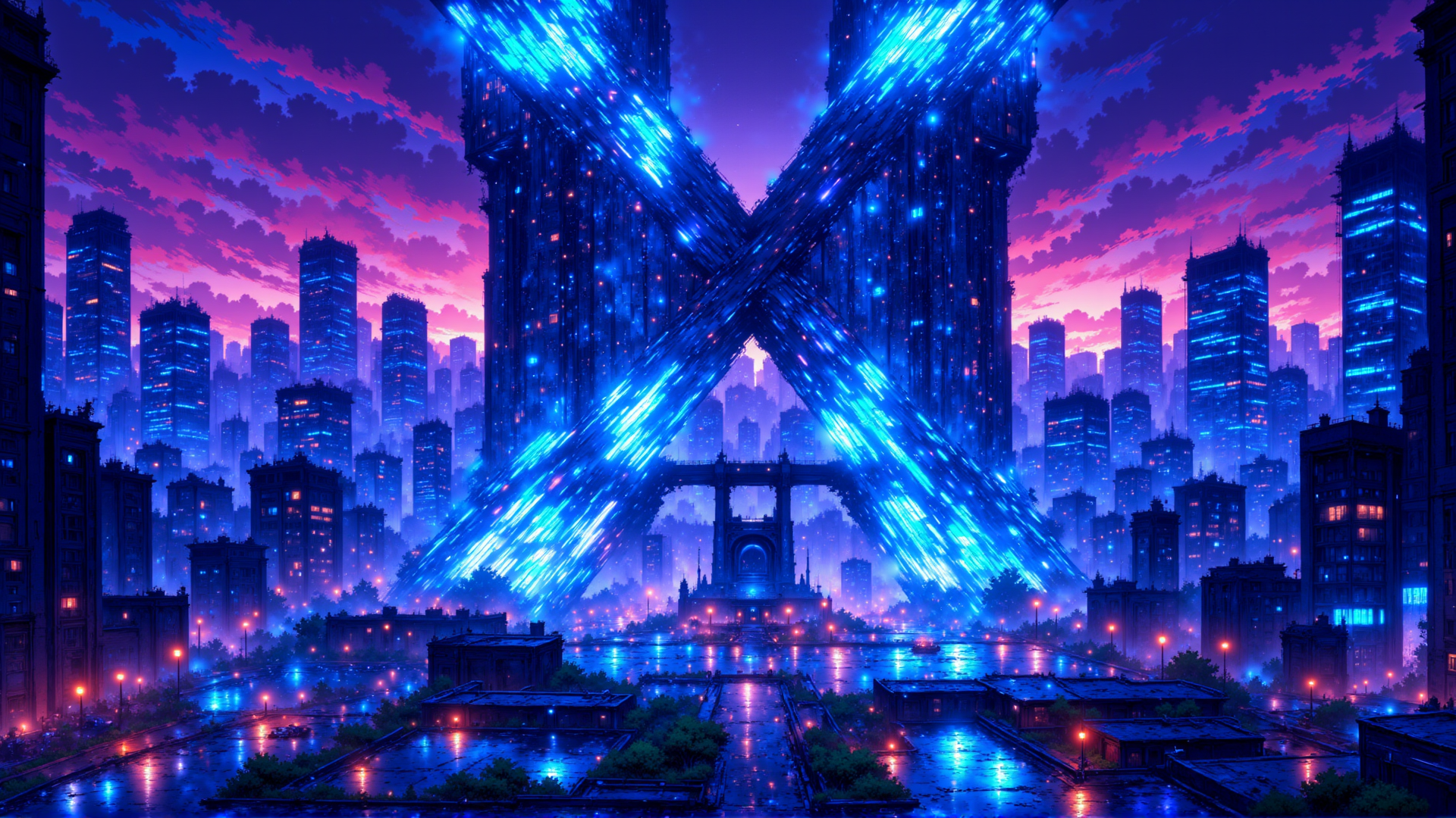 AI generated wallpaper featuring cityscape, twin towers, neon lights, buildings, skyline, futuristic architecture, road, streetlights