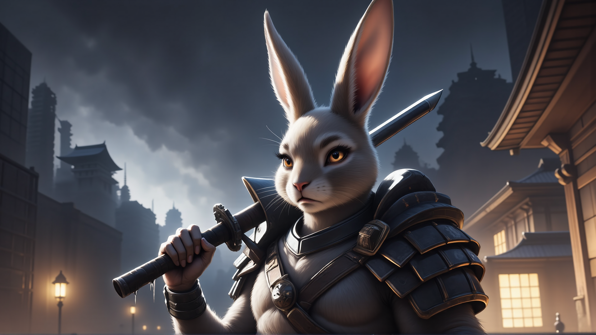AI generated wallpaper featuring rabbit, samurai, sword, armor, building, streetlamp