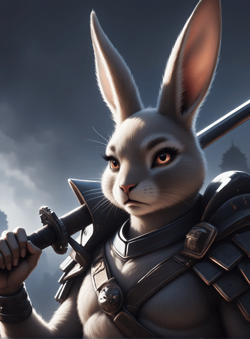 rabbit, samurai, sword, armor, building, streetlamp