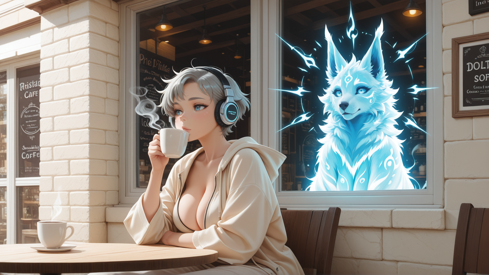 AI generated wallpaper featuring woman, dog, cafe, headphones, cup, window