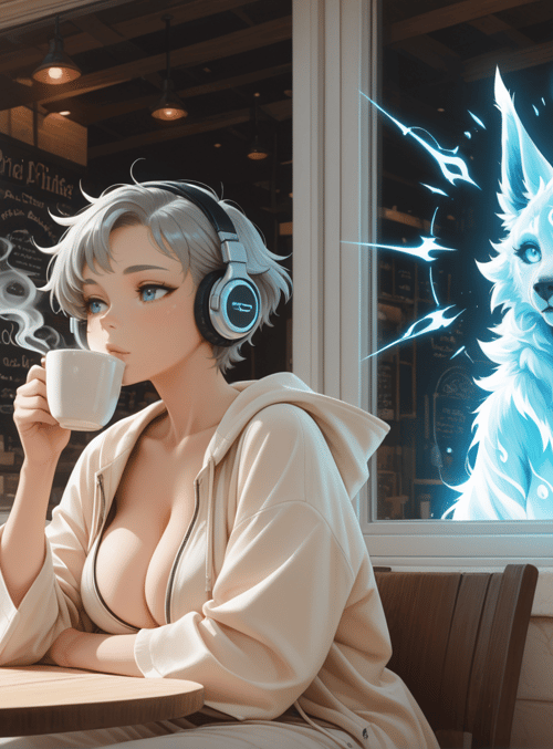 woman, dog, cafe, headphones, cup, window