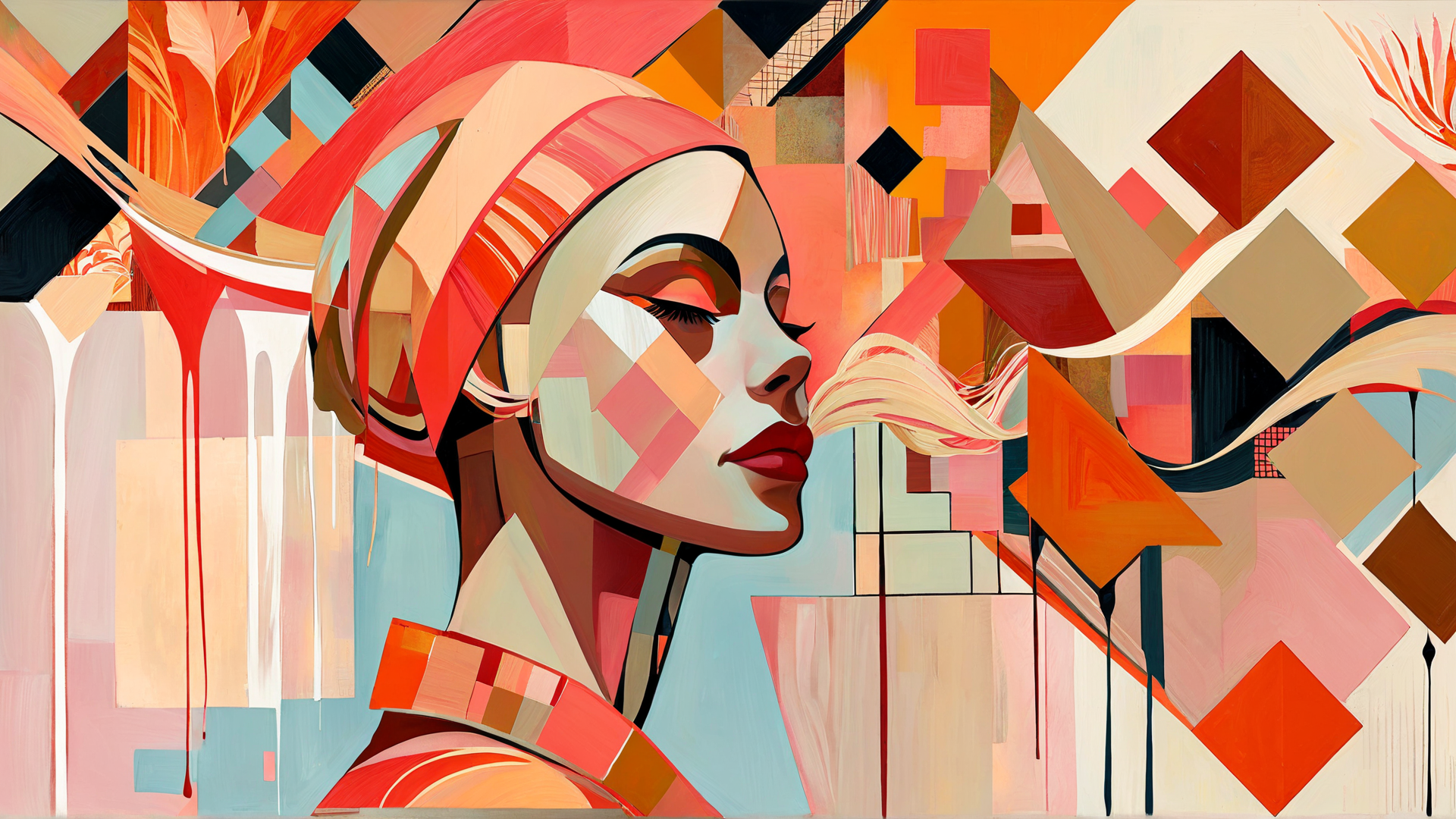 AI generated wallpaper featuring woman, geometric, abstract, headband, flowing hair