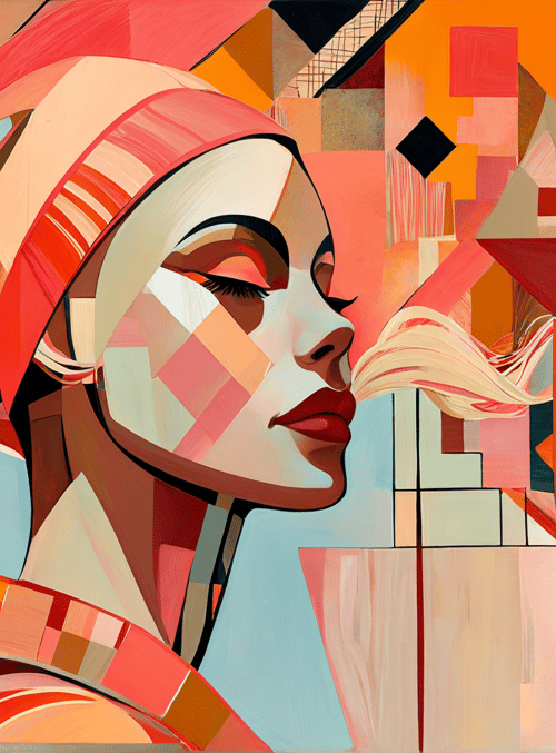 woman, geometric, abstract, headband, flowing hair