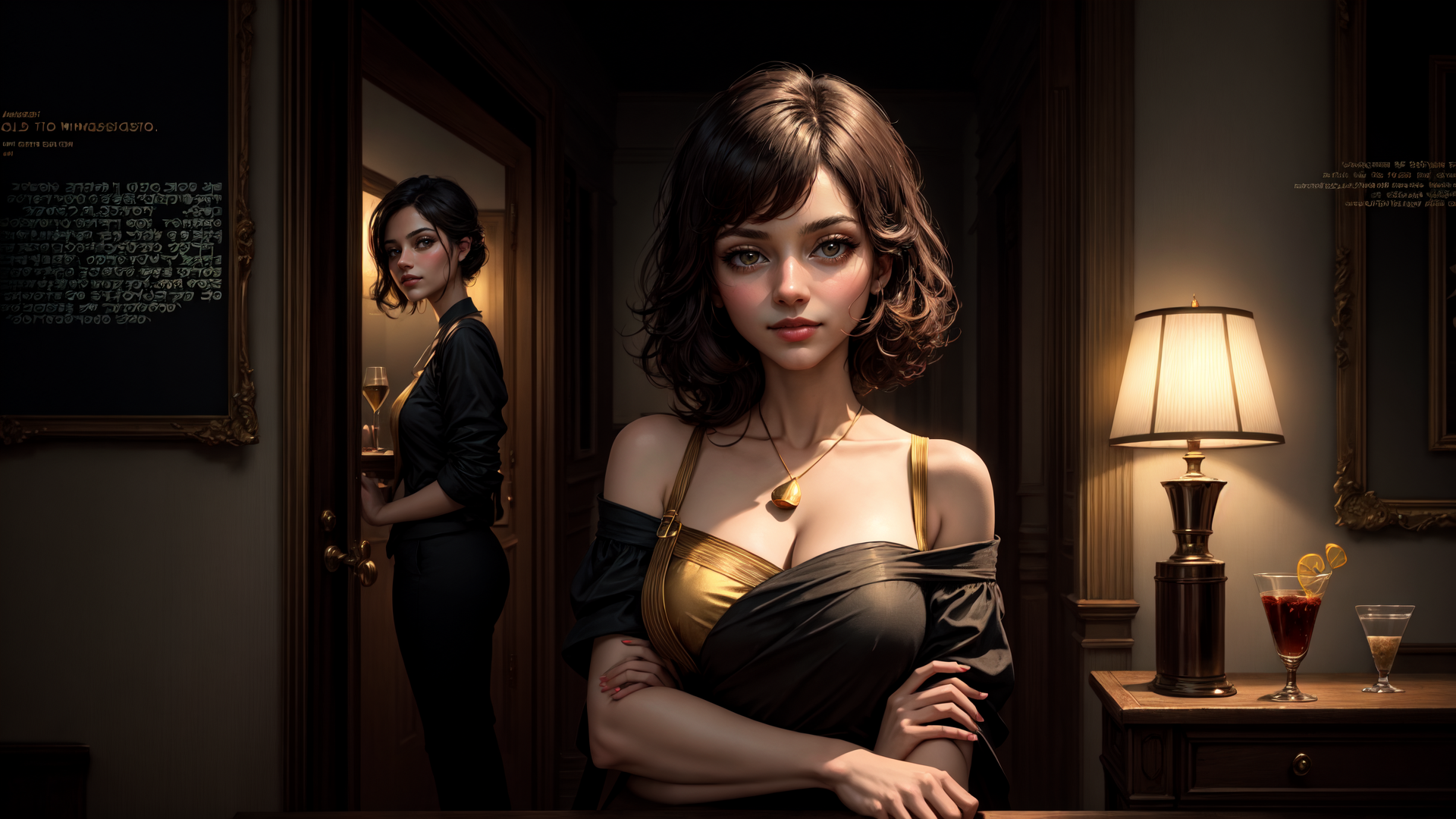 AI generated wallpaper featuring woman, bar, lamp, dress, mirror, glass, room, necklace, wine, door