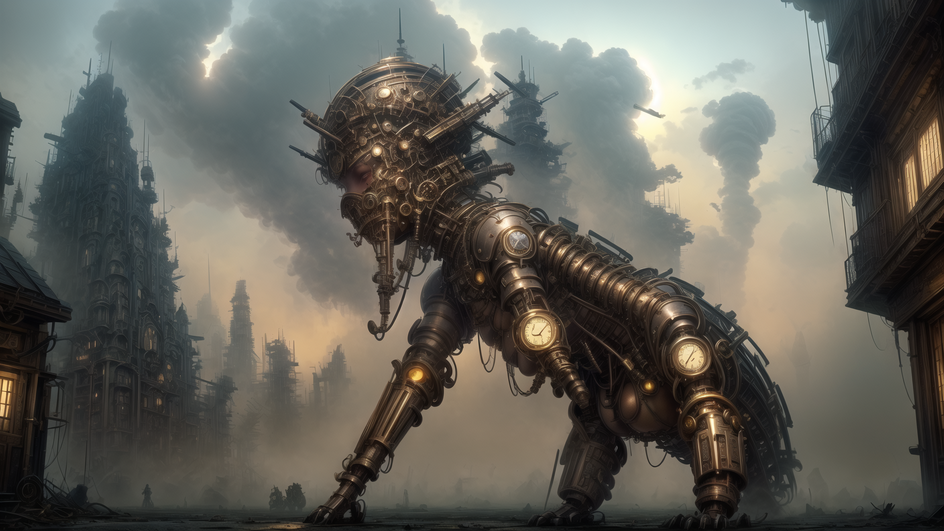 AI generated wallpaper featuring mechanical creature, steampunk city, clockwork, gears, smoke