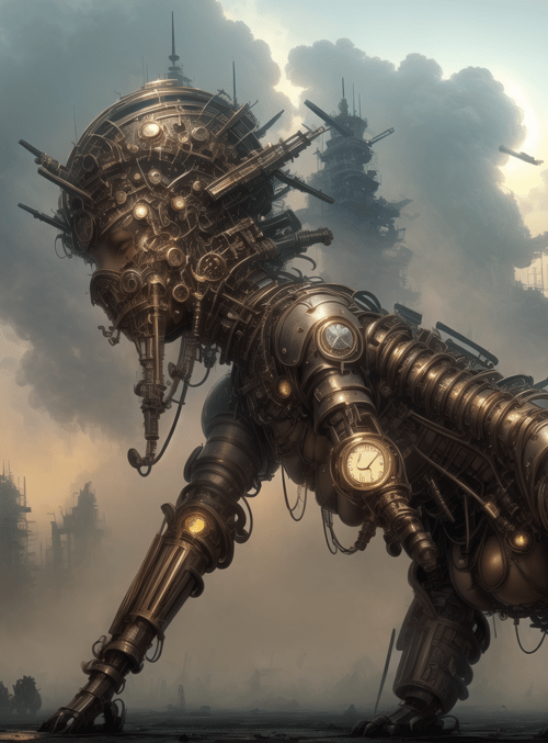 mechanical creature, steampunk city, clockwork, gears, smoke
