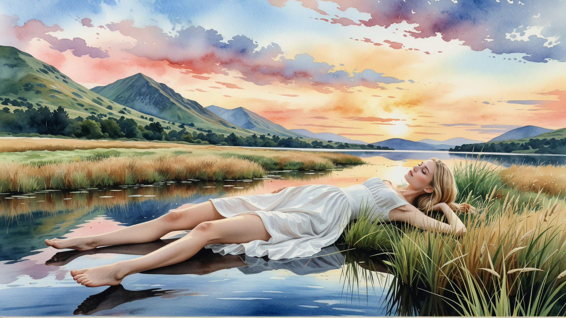 AI generated wallpaper featuring woman, lake, mountains, grass, sky