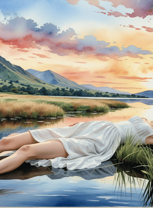 woman, lake, mountains, grass, sky