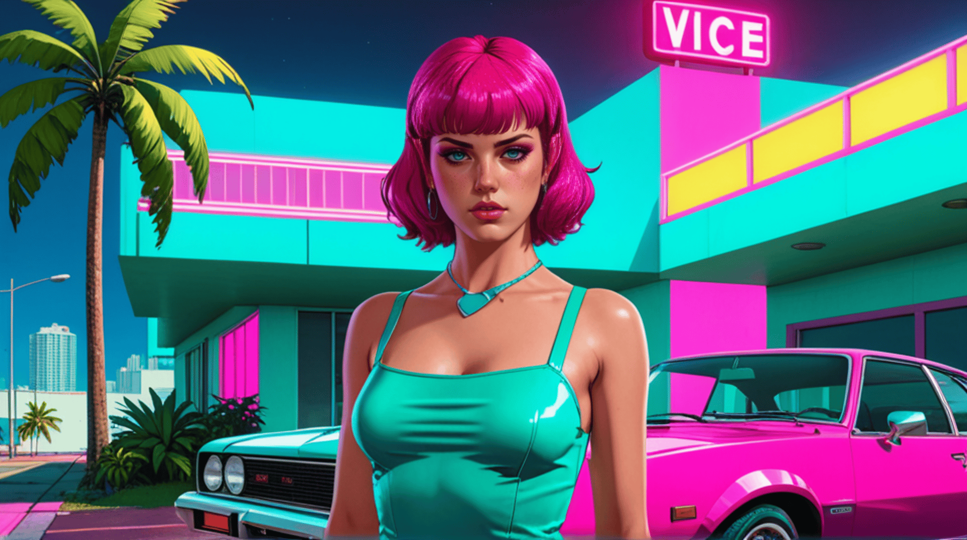 AI generated wallpaper featuring woman, car, building