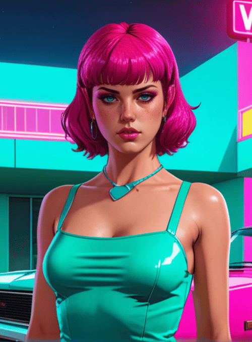 woman, car, building