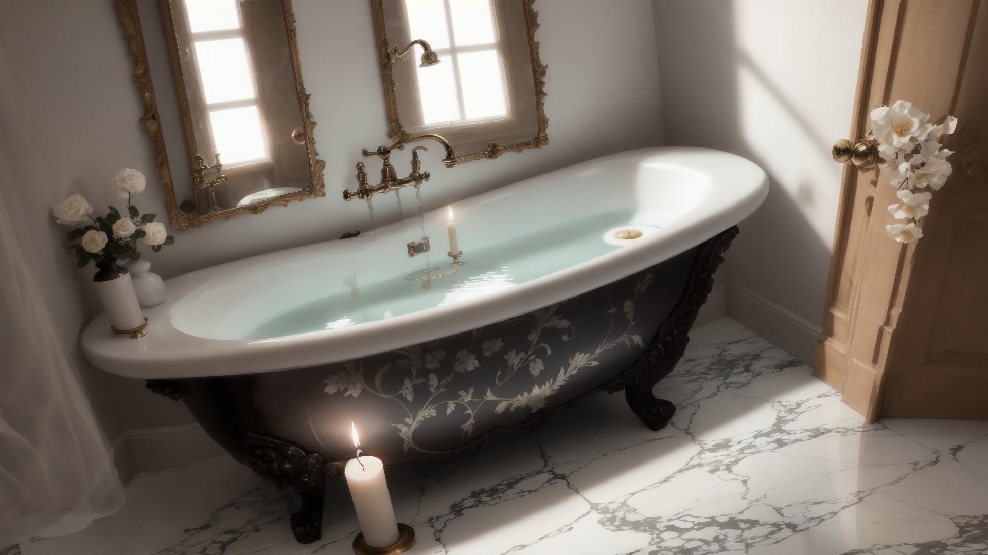 AI generated wallpaper featuring bathtub, candles, flowers