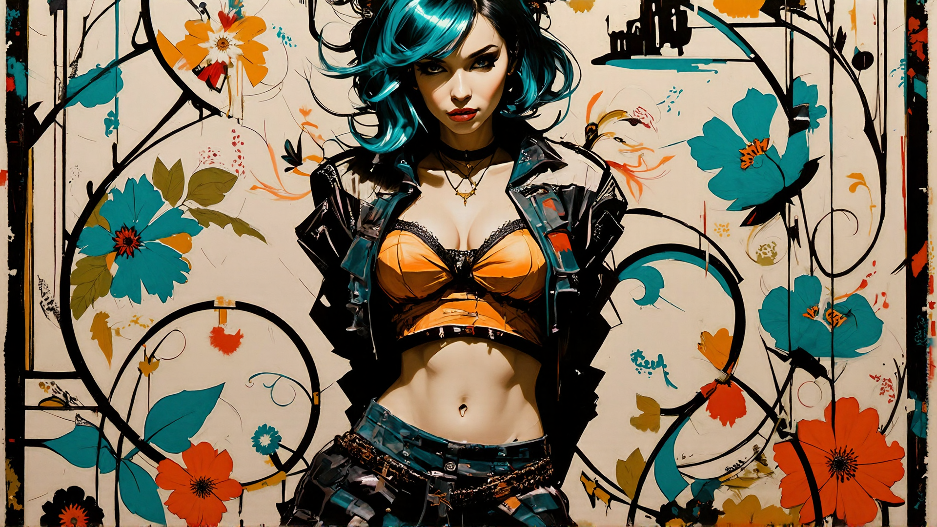 AI generated wallpaper featuring woman, flowers, jacket, bra, belt, leaves, glasses, choker, chain, painting