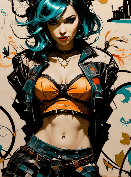 woman, flowers, jacket, bra, belt, leaves, glasses, choker, chain, painting