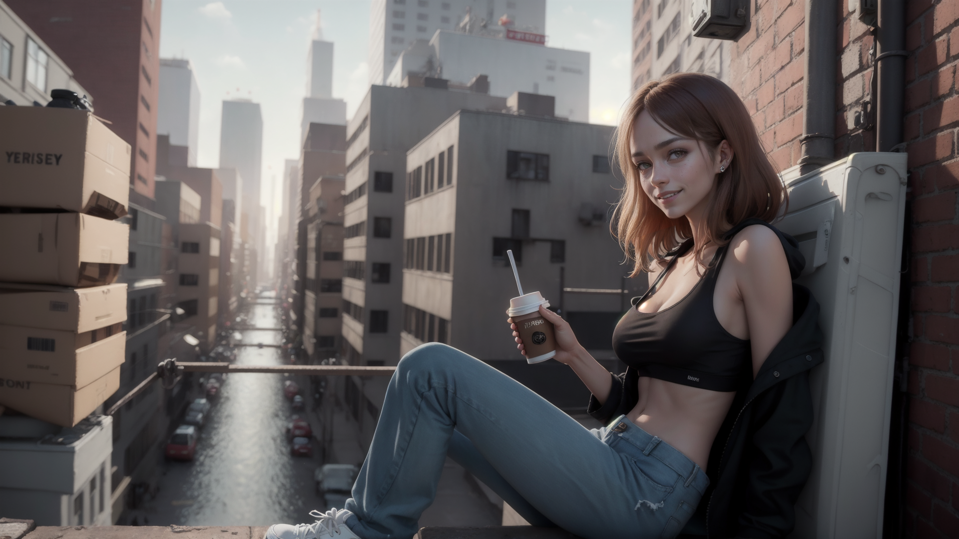 AI generated wallpaper featuring woman, cityscape, coffee