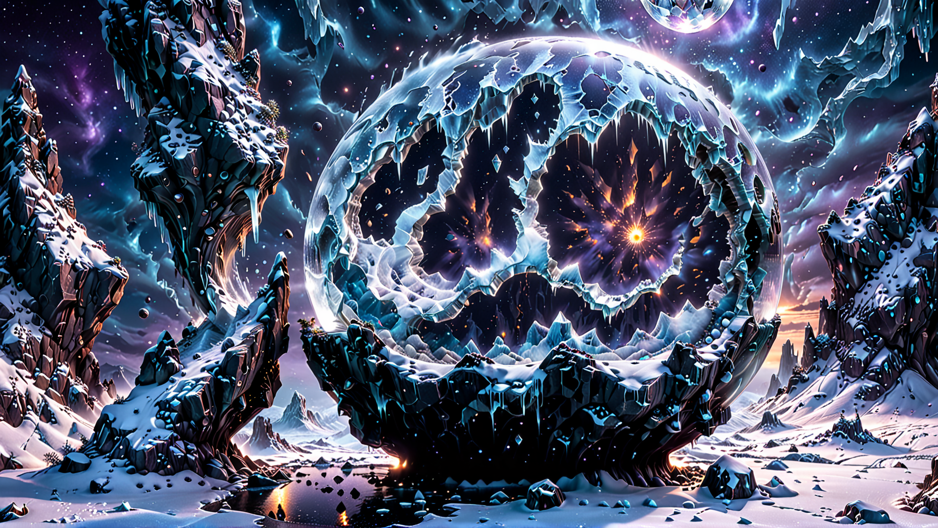 AI generated wallpaper featuring ice sphere, mountains, galaxy