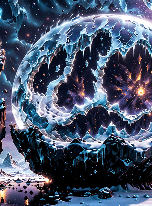 ice sphere, mountains, galaxy