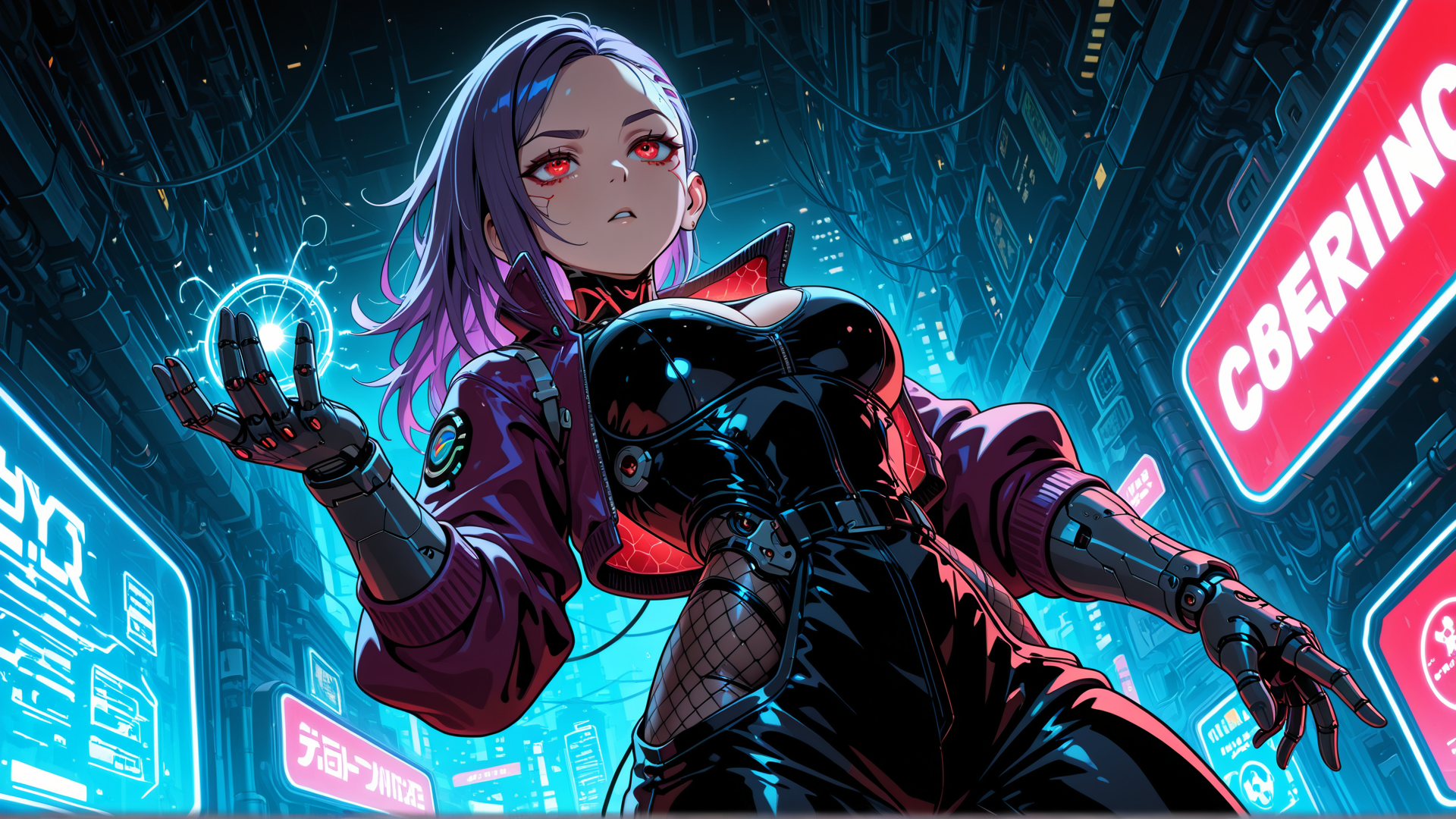 AI generated wallpaper featuring cyberpunk, woman, robotic, hand, neon, city, gloves, sign, outfit, glasses