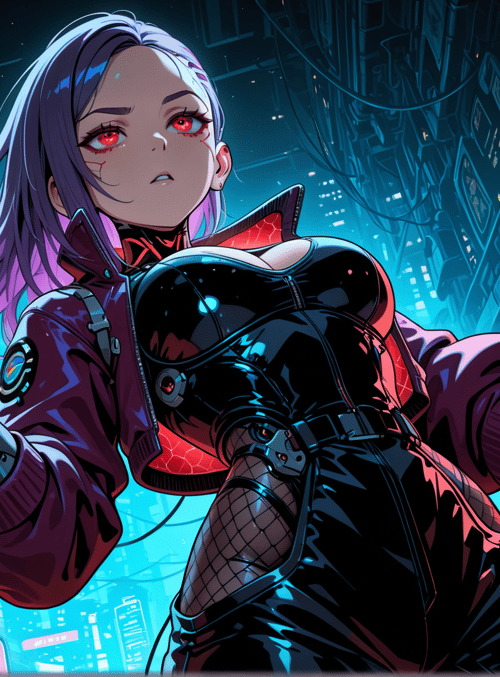 cyberpunk, woman, robotic, hand, neon, city, gloves, sign, outfit, glasses