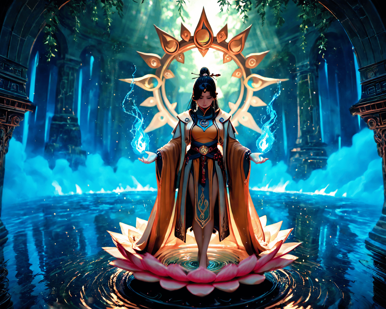 AI generated wallpaper featuring female warrior, lotus, sun emblem