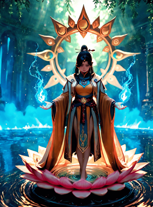 female warrior, lotus, sun emblem