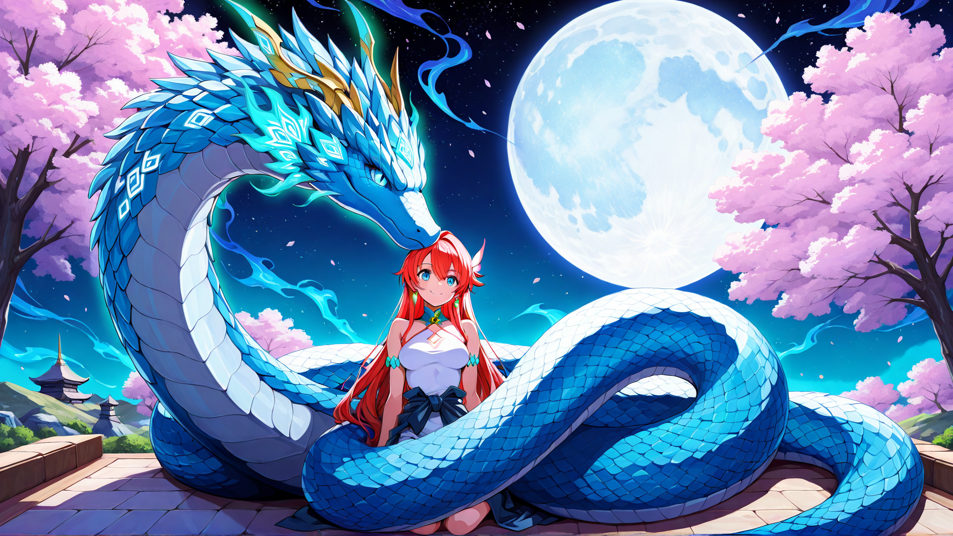 AI generated wallpaper featuring dragon, girl, cherry blossom, moon, sky