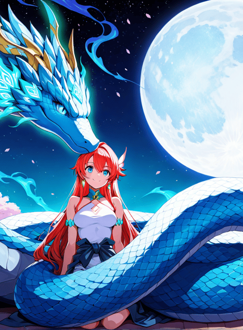 dragon, girl, cherry blossom, moon, sky