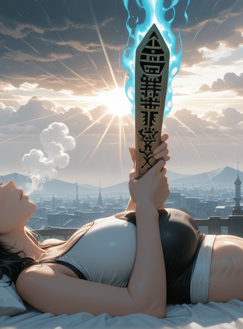 woman, sword, headphones, pillow, sun, clouds, cityscape, mountains, bed, smoke