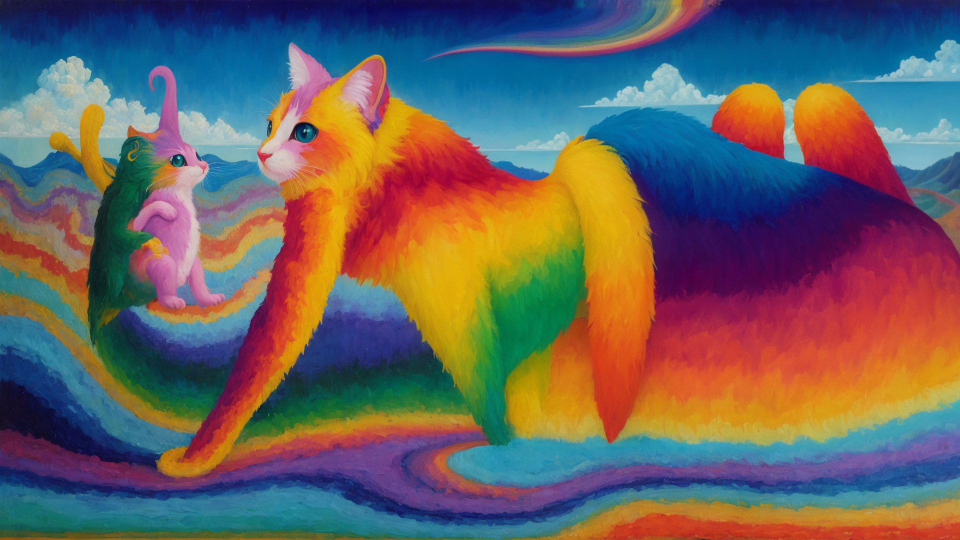 AI generated wallpaper featuring cat, rabbit, unicorn