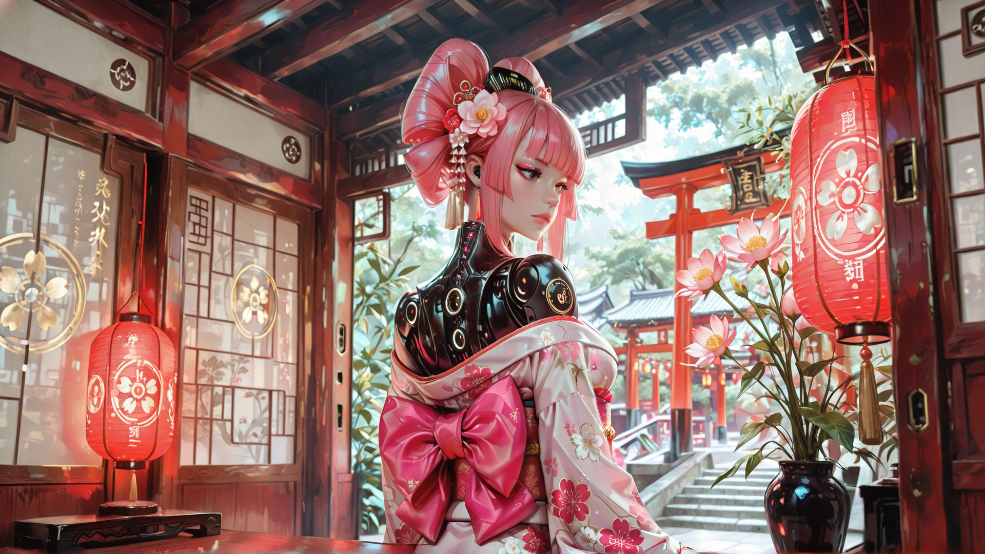 AI generated wallpaper featuring robot, geisha, kimono, lantern, flower, traditional, building, sakura, vase, door
