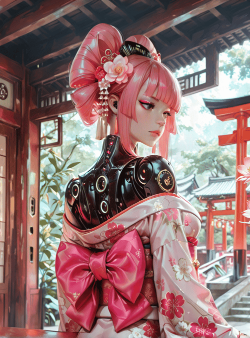 robot, geisha, kimono, lantern, flower, traditional, building, sakura, vase, door