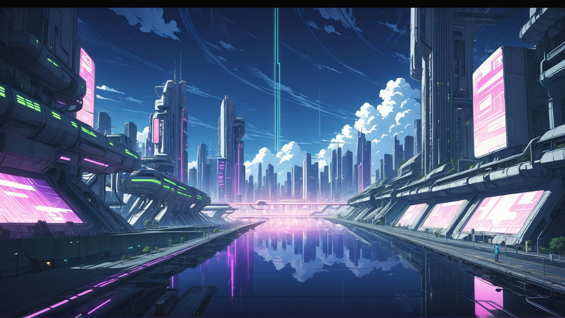 AI generated wallpaper featuring city, skyline, water