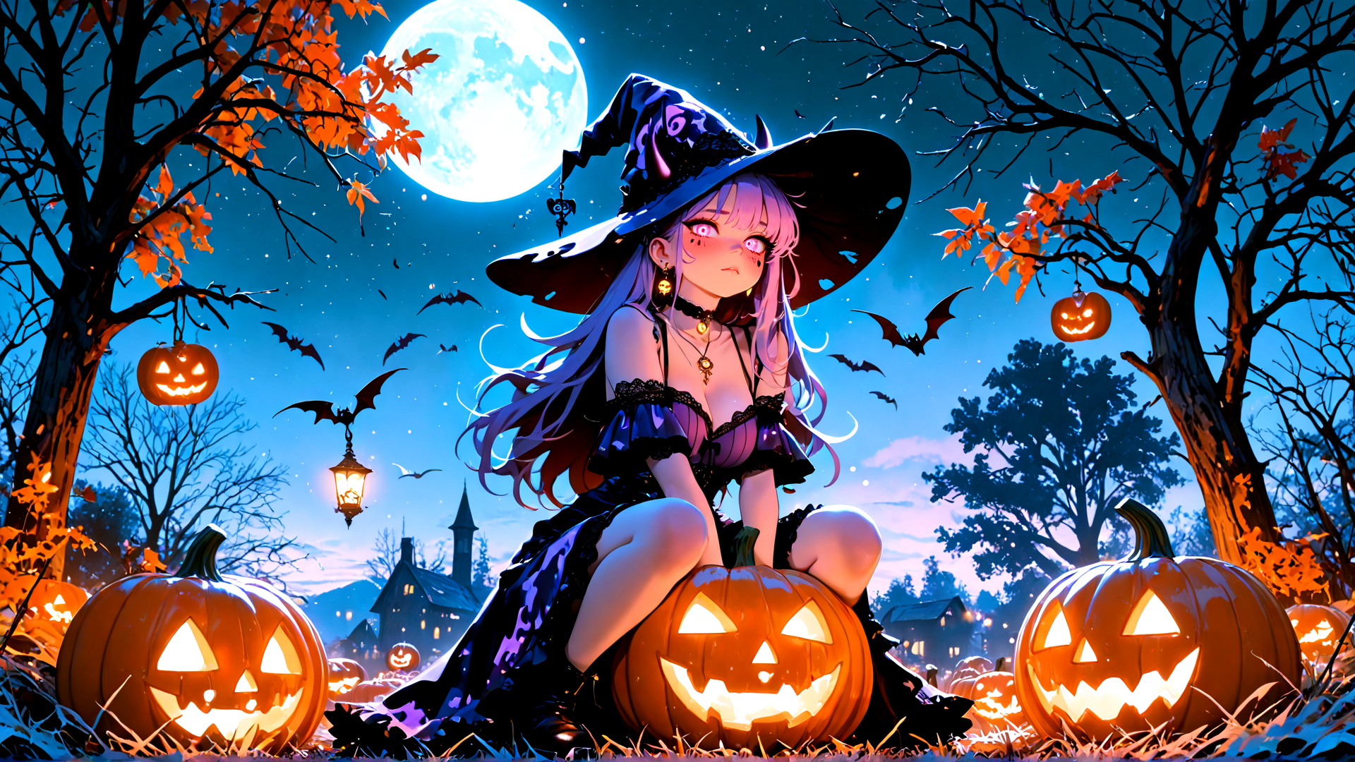 AI generated wallpaper featuring witch, pumpkin, bat, tree, moon, lantern, house, leaf, girl, hat