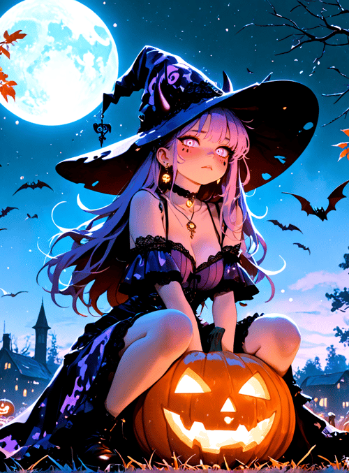 witch, pumpkin, bat, tree, moon, lantern, house, leaf, girl, hat