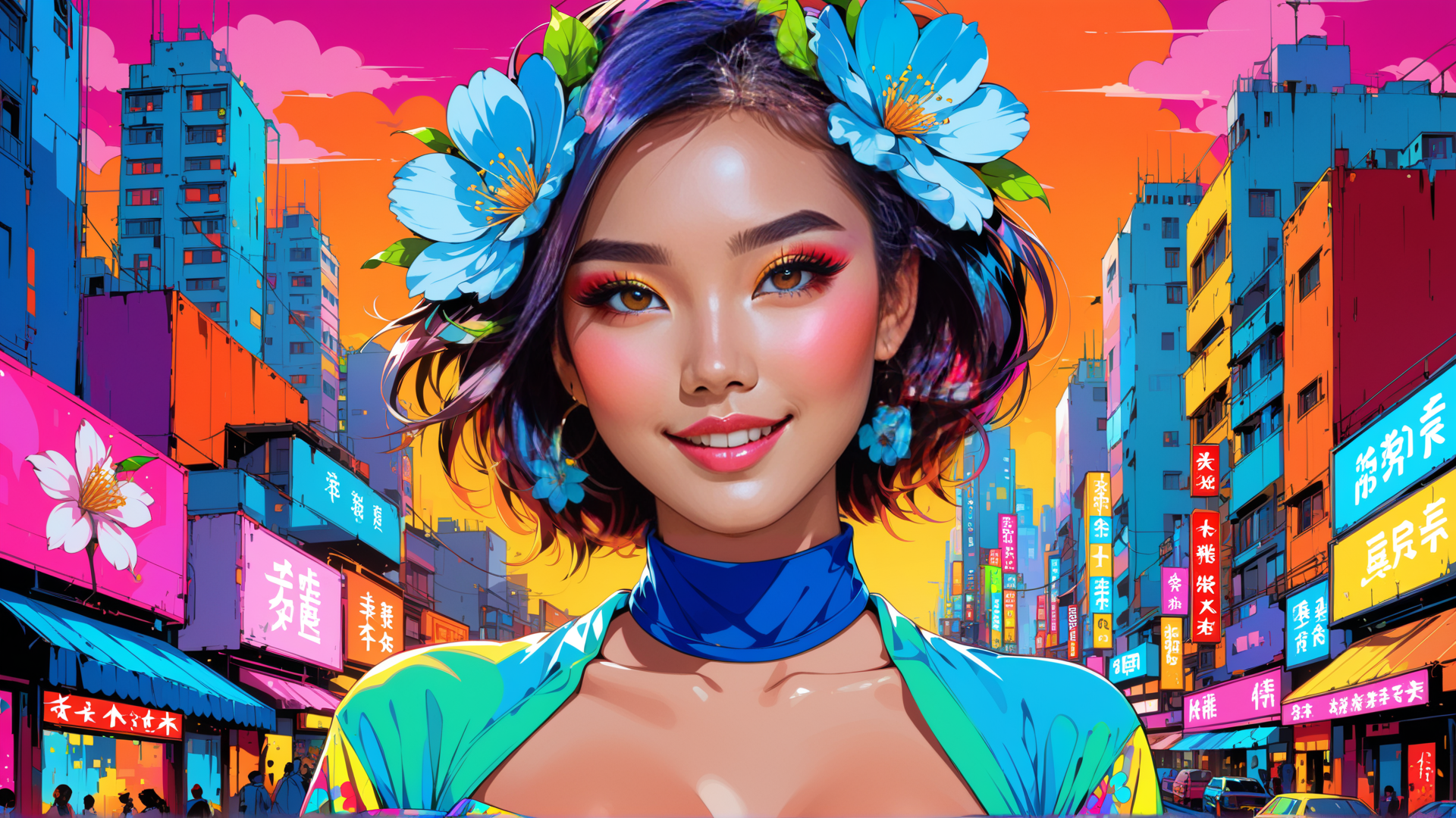 AI generated wallpaper featuring woman, cityscape, flowers