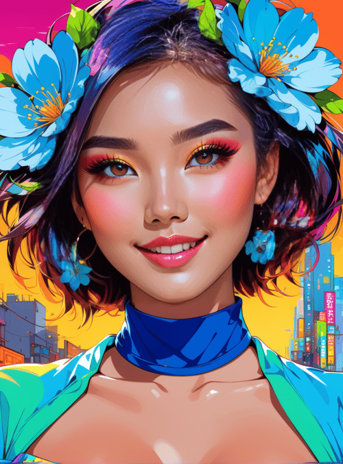 woman, cityscape, flowers