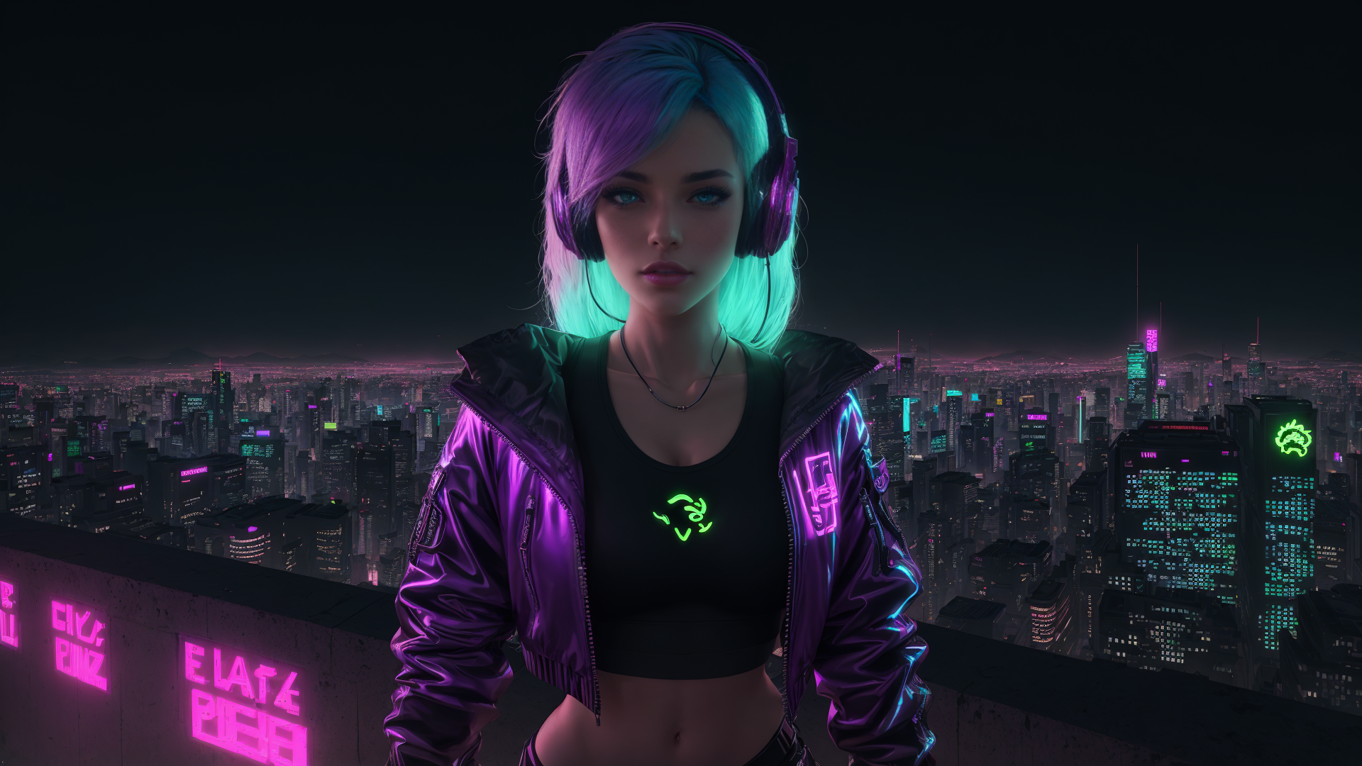 AI generated wallpaper featuring woman, cityscape, headphones