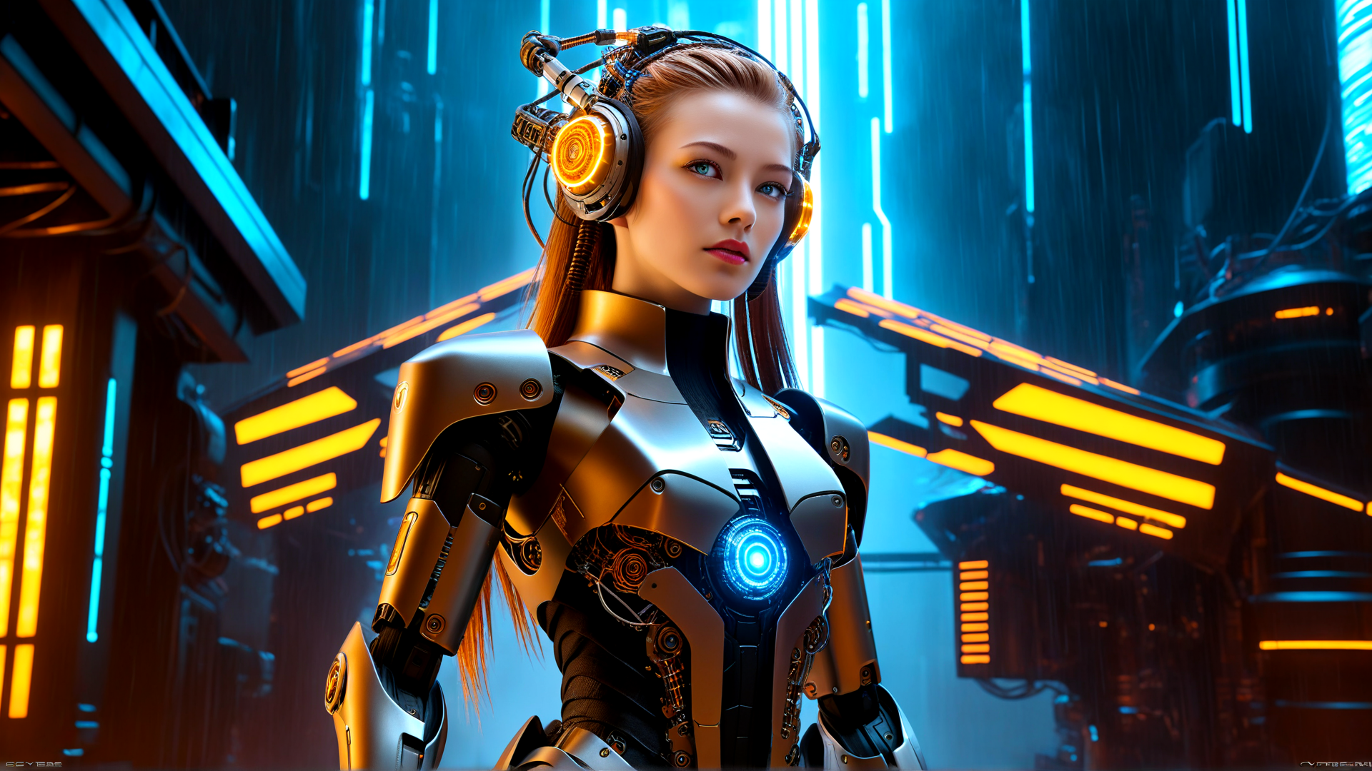 AI generated wallpaper featuring cyborg, woman, headphones, robot, armor