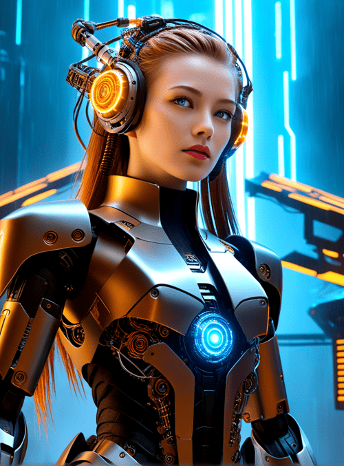 cyborg, woman, headphones, robot, armor