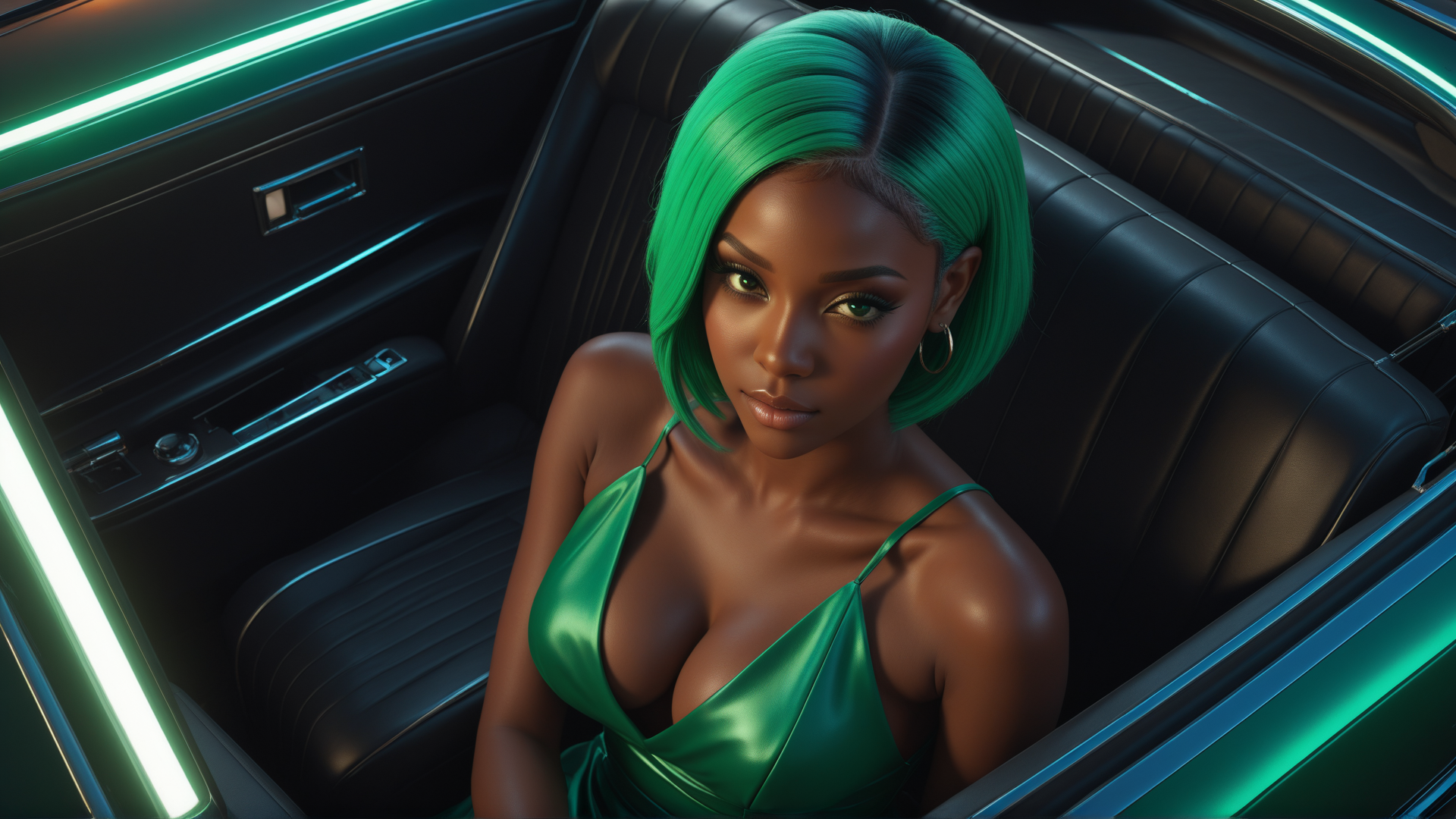 AI generated wallpaper featuring woman, car, green hair, dress, leather seat