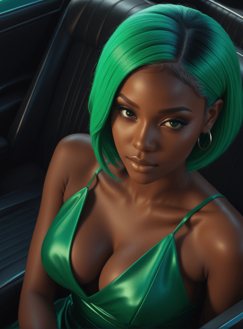 woman, car, green hair, dress, leather seat