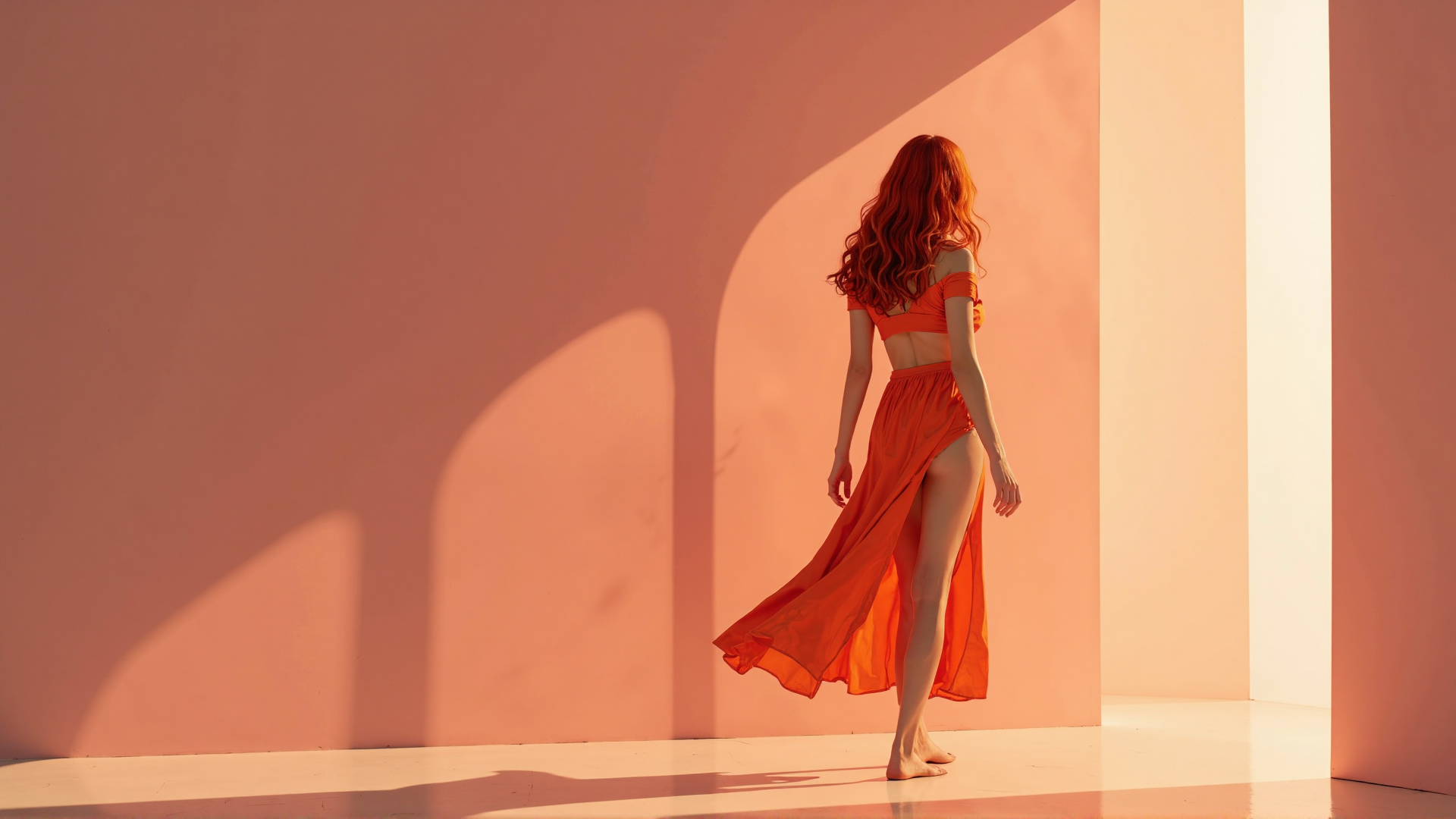 AI generated wallpaper featuring woman, dress, hair, shadow, room