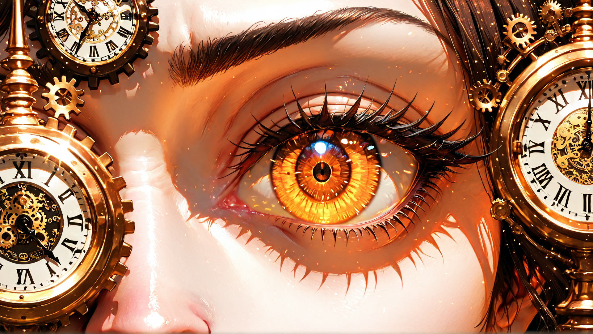 AI generated wallpaper featuring eye, clock, gears, watch, mechanism, face